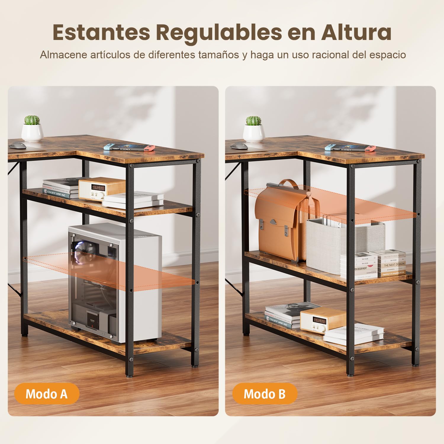SOLAVERO Escritorio Esquinero, 120 x 78 cm Mesa Gaming, Escritorio en L con 3 Cajones, Mesa Ordenador con Bolsa de Almacenaje, Estante Ajustables, para Oficina en Casa, Estudio y Juegos, Marrón