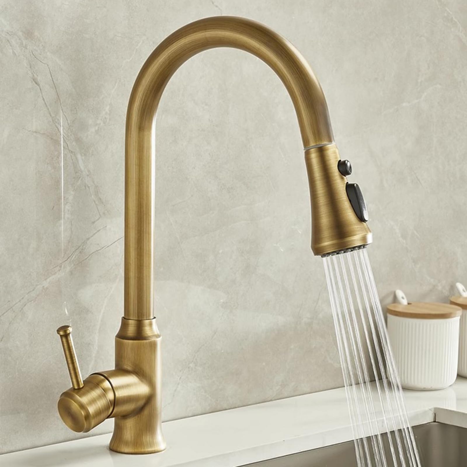 BiaoTeng Kitchen Sink Taps with Pull Out Spray Retro 3 Mode 360 Swivel Hot and Cold Single Hole Kitchen Mixer Tap Brass Antique