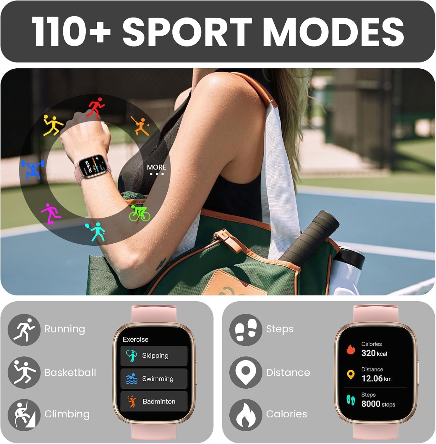 Smartwatch Damen mit Telefonfunktion,1.85" HD Uhren Damen mit Herzfrequenz Schlafmonitor SpO2 Schrittzähler,110+ Sportmodi Fitnessuhr,IP68 wasserdichte Smart Watch Kompatibel für iOS/Samsung/Android