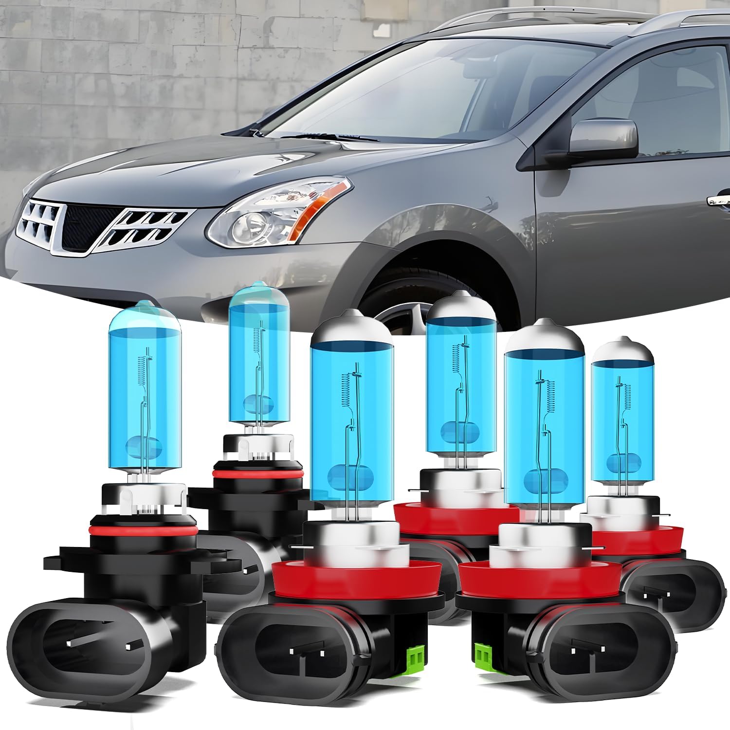 Halogen Headlights Fit For 2008-2013 Nissan Rogue Headlight Bulbs,9005/HB3/H10 High Beam + H8/H9/H11 Low Beam + h11 Fog Light Combo Headlamp Bulbs,6-Pack (Nissan Rogue 2008-2013)