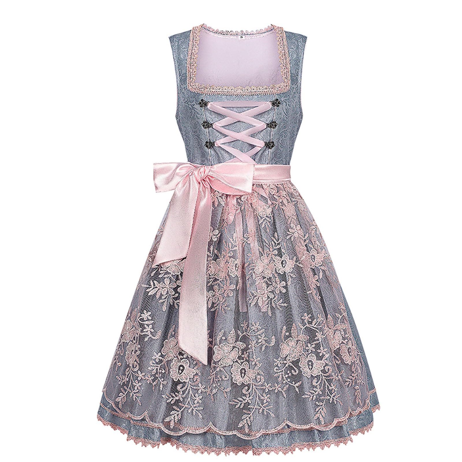 esmen Elegante Abito da Cameriera in Jacquard Scuro con Cerniera Laterale, Abito da Lavoro da Bar Grigio-Argento con Grembiule in Rete Rosa e Colletto in Pizzo