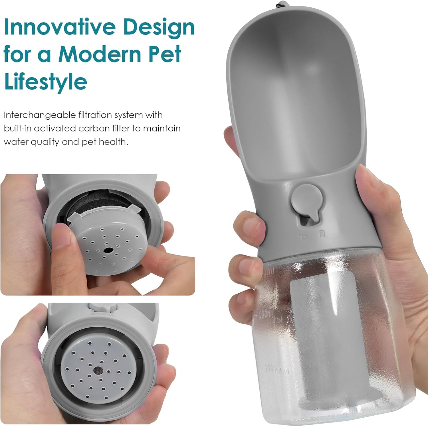 Dog Water Bottle with Food Container & Poop Bag Holder, Travel Water Bowl, Portable Pet Dispenser, Dog Stuff Accessories Items, Essentials for Traveling with a Puppy(Grey)