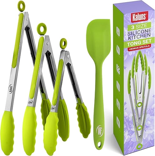 Miniatura 1 de Kaluns Pinzas de cocina para cocinar a la parrilla, juego de 4, pinzas para parrilla de barbacoa con punta de silicona, acero inoxidable resistente