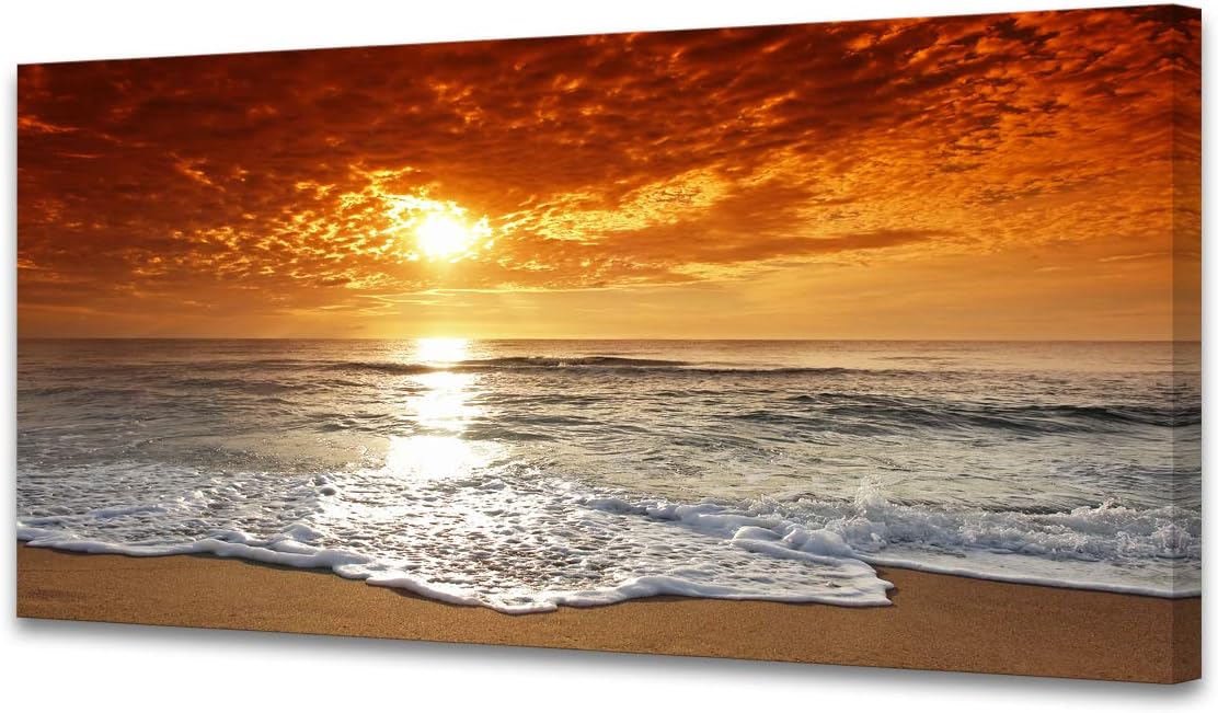 Muolunna S04650 Canvas Prints Wall Art Sunset Ocean Beach Pictures Photo Paintings for Living Room Bedroom Home Decorations Stretched and Framed Ready to Hang Seascape Waves Artwork 20x40inch