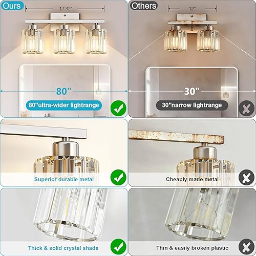 Miniatura 4 de GOLSPARK Modern Crystal Bathroom Vanity Light, 3-Light Brushed Nickel Vanity Lighting Fixtures Over Mirror for Bathroom, Wall Sconce Bath Wall