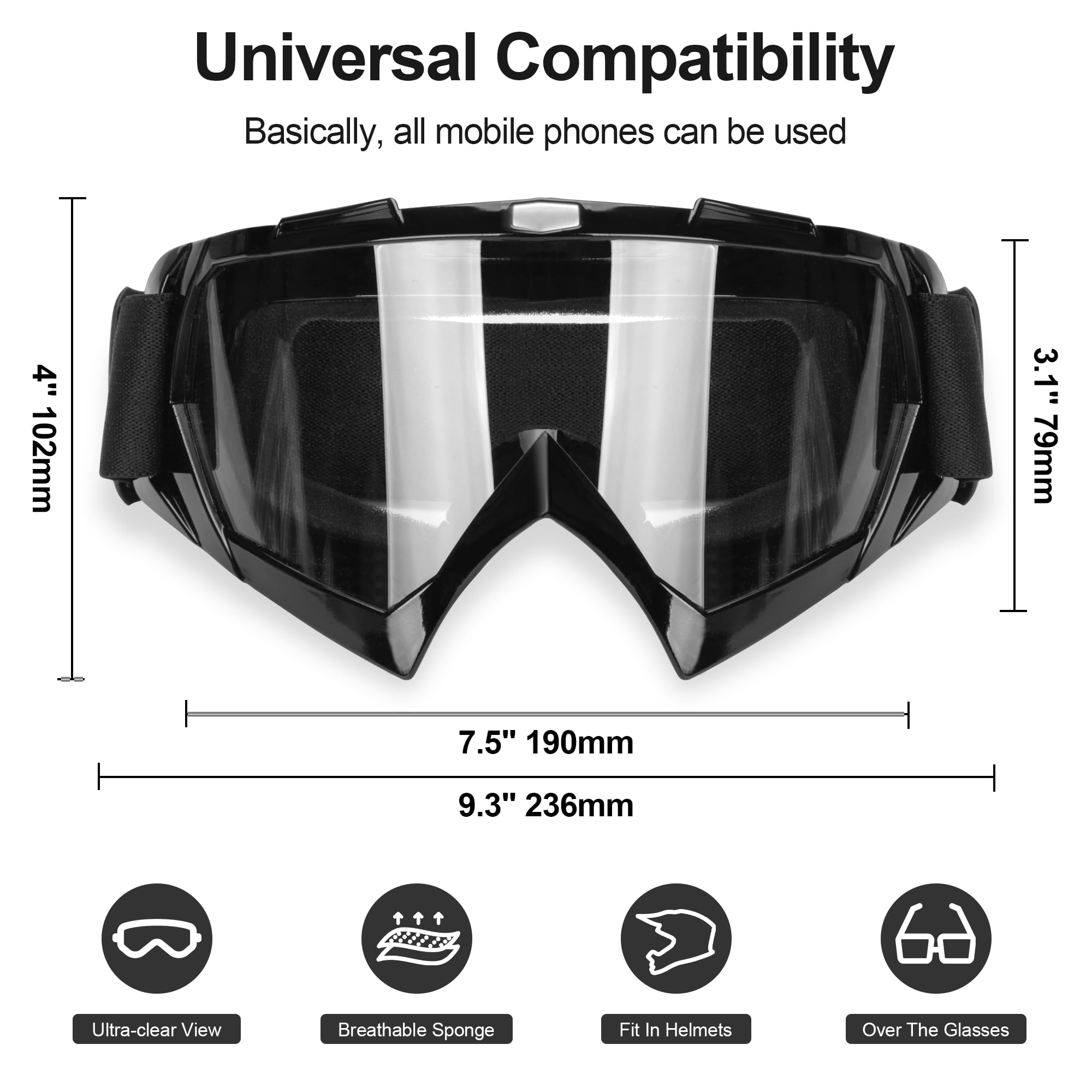 JAGASOL Lunettes de moto tout-terrain pour homme et femme - UV 400 - Anti-rayures, antibrouillard, anti-poussière - Pour adultes et jeunes enfants