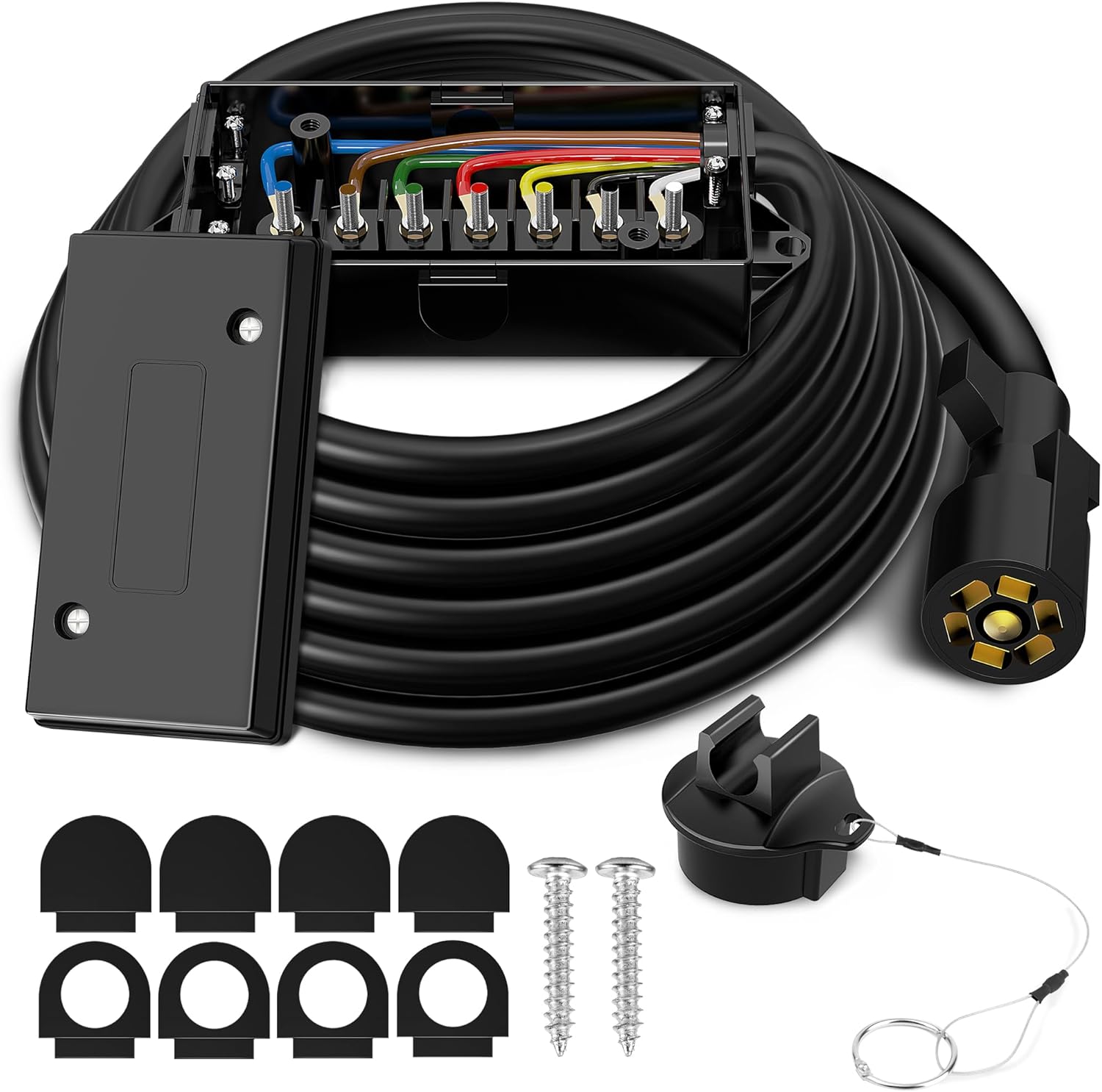 10ft 7 Way Trailer Plug Cord with 7 Gang Junction Box, 7 Pin Trailer Wiring Harness, Heavy Duty 7-Pin Trailer Cord Wire Cable with Waterproof Junction Box