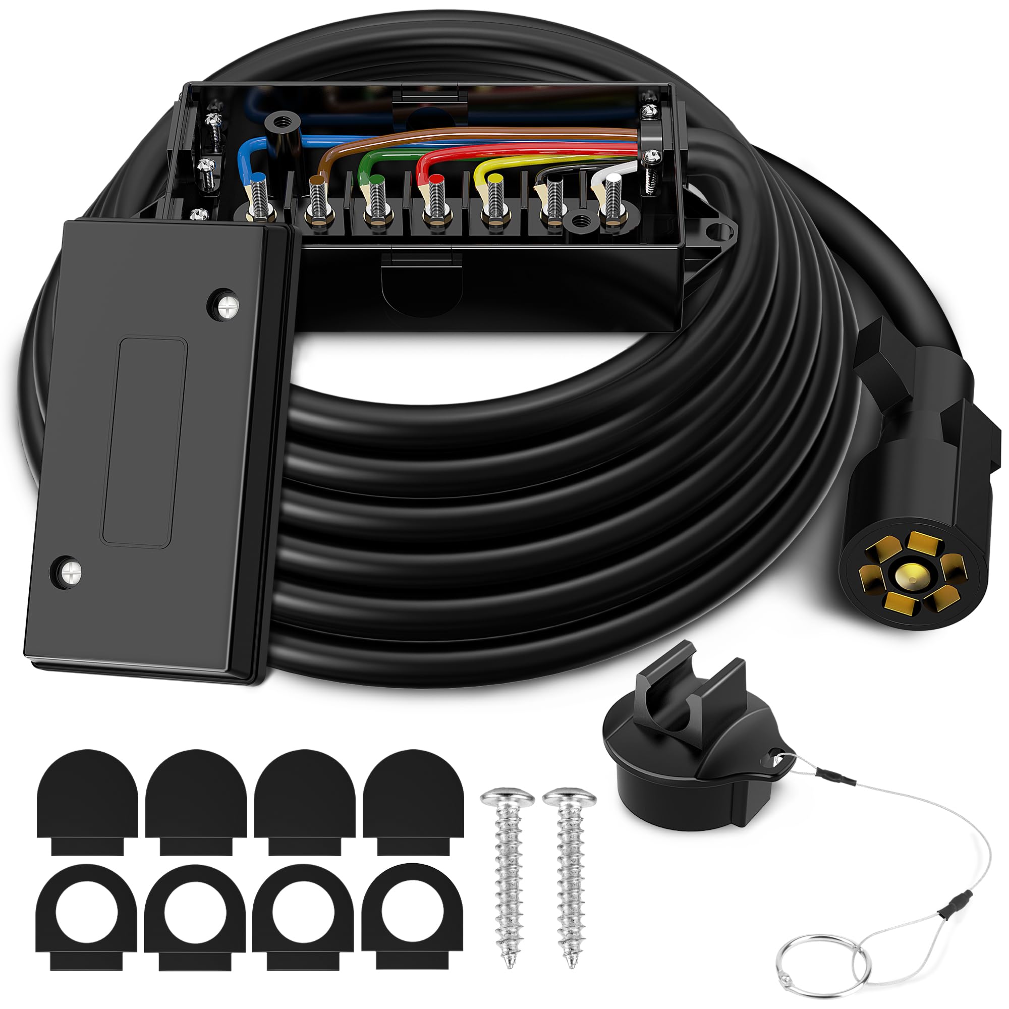 WOLFWILL 10ft 7 Way Trailer Plug Cord with 7 Gang Junction Box, 7 Pin Trailer Wiring Harness, Heavy Duty 7-Pin Trailer Cord Wire Cable with Waterproof Junction Box