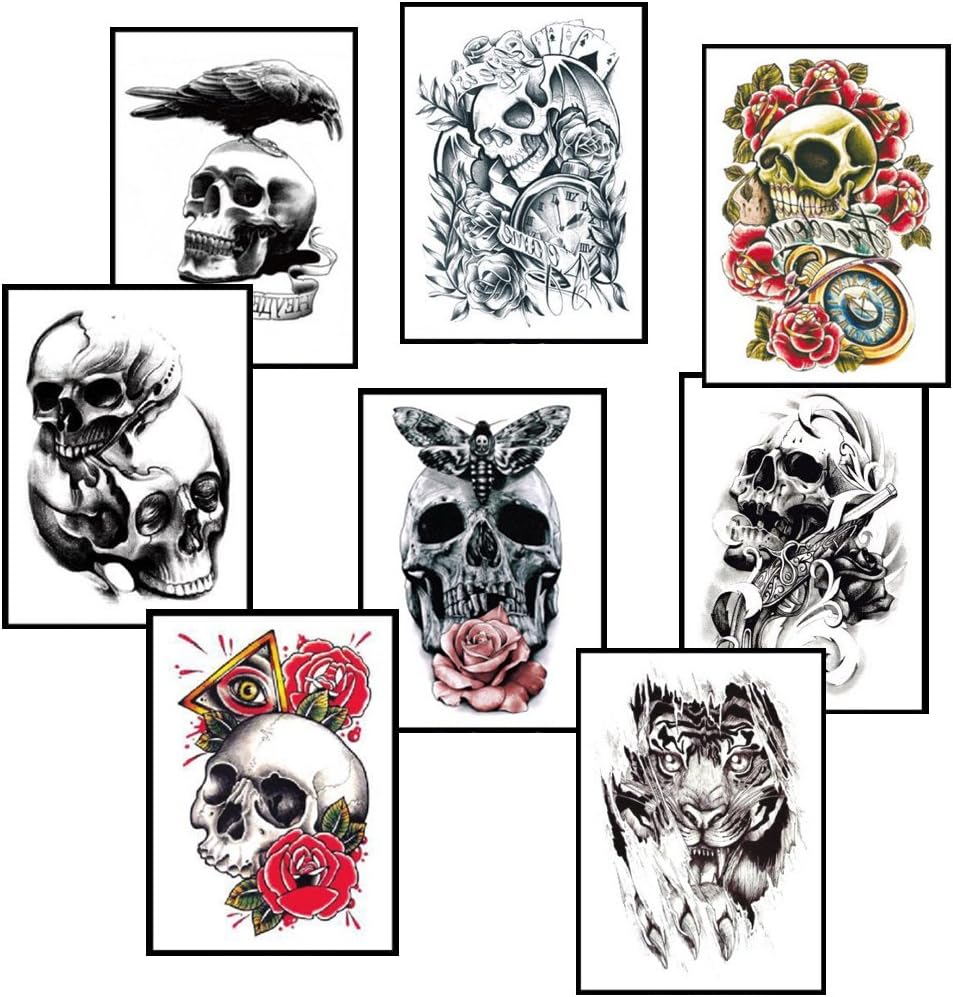 Decvamix Temporary Tattoos Arm Sticker Roses, 8 Sheets Skulls Art Arm Sticker Body Waterproof Tattoo