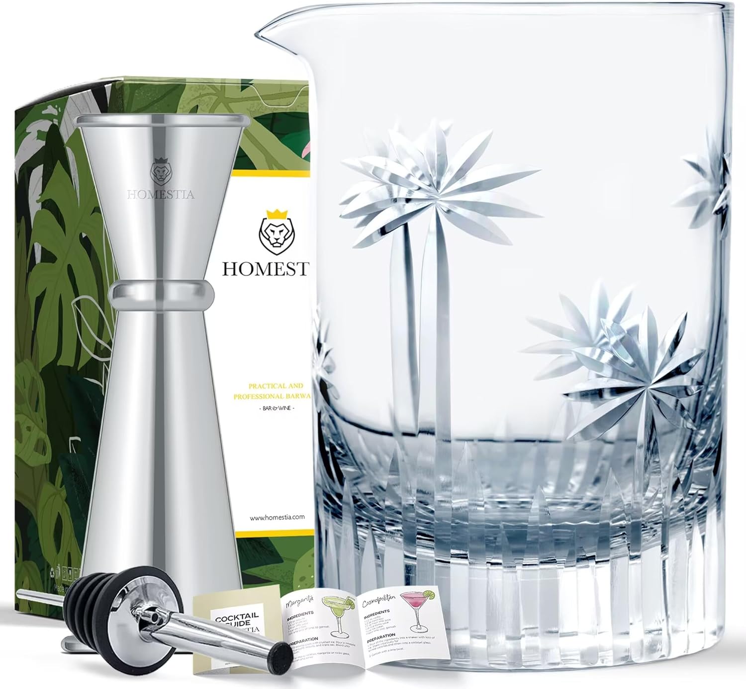 Homestia Cocktail Mixing Glass, 24 oz Weighted Old Fashioned Glass with Jigger Pourer- Crystal Cocktail Stirring Pitcher - Thick and Sturdy Bottom, Mixology Bartender Essentials, Home Bar Tool