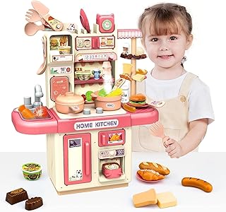 ألعاب مطبخ للعب التخيلي وتقمّص الأدوار، مجموعة تتضمن لعبة إكسسوارات مطبخ للأطفال الصغار مع بخار وإضاءة واقعية وقطع طعام للبنات والأولاد الصغار