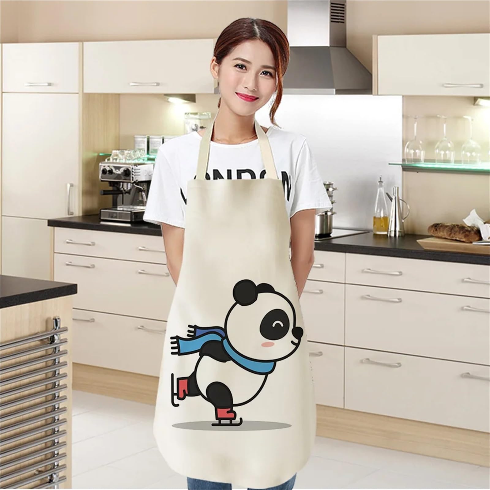Generico Grembiule in lino Cartoon Panda, grembiule da cucina rosa unisex per cottura al forno e cucina