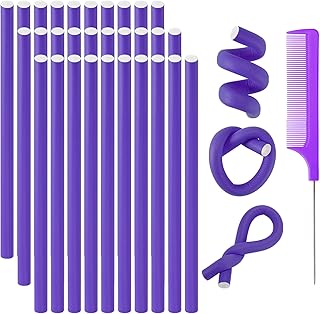 30 Pieces 9.45" Flexible Curling Rods, SEPGLITTER Twist Foam Hair Rollers Curlers Set No Heat Curlers Irons Steel Pintail Comb for Girls Foam Hair Curler for Long Short Hair (Purple)