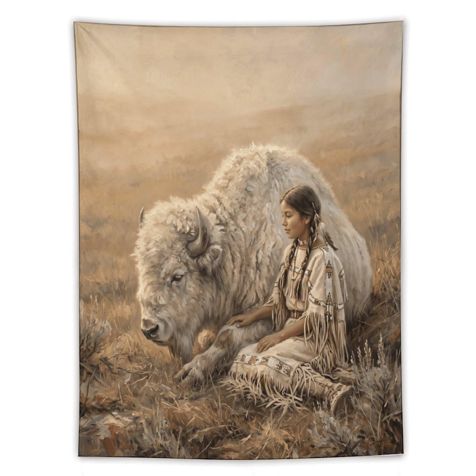 H3B8U2Y5 White Buffalo Woman Prairie Wall Tapestry, Realistic Illustration