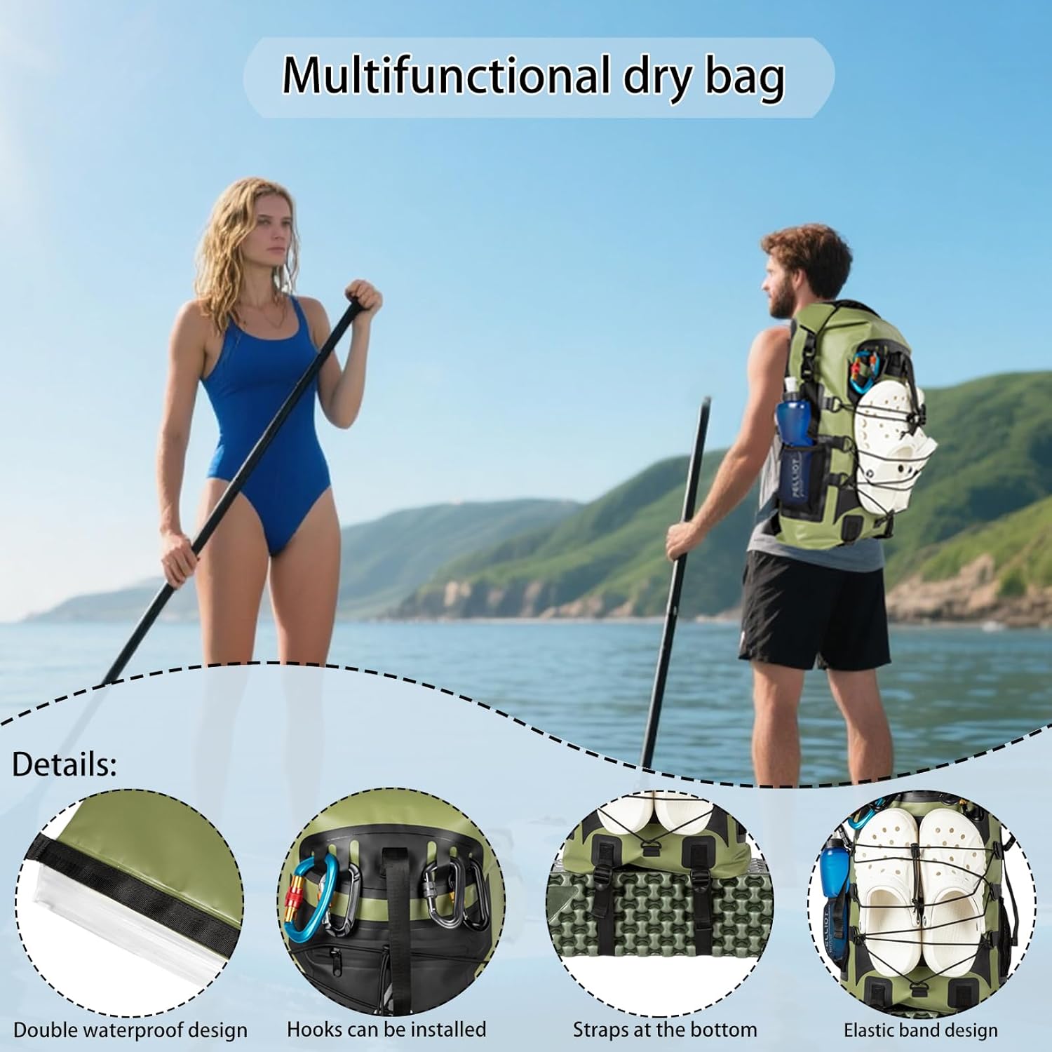 Oak-Sports Dry Bag Waterproof Backpack 5L/10L/20L, Roll Top Lightweight Beach Bag with Double Zipper Seal for Swimming, Kayaking, Hiking, Boating, Adjustable Shoulder Strap