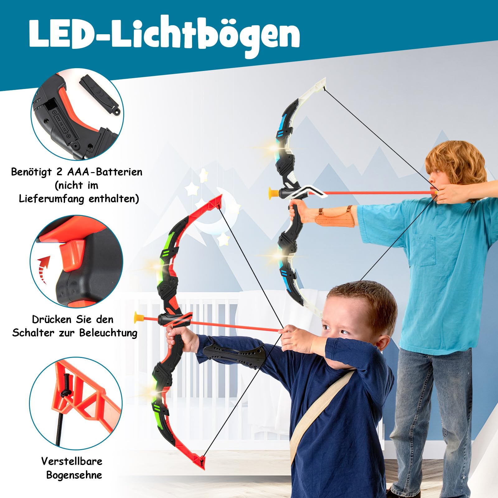COSTWAY 2 er Set Boden und Pfeil Set, Bogenschießen Set mit LED Lichtbögen, 20 Pfeilen, 2 Köchern & Zielscheibe, 2 in 1 Kinderbogen stehend/hängend für drinnen und draußen für Kinder ab 3 Jahren