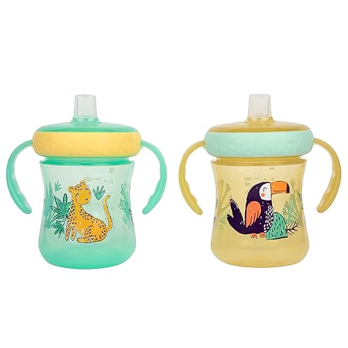 The First Years Vasos de entrenamiento de boquilla suave para niños pequeños, diseño de leopardo y tucán, copas para beber con temática de selva