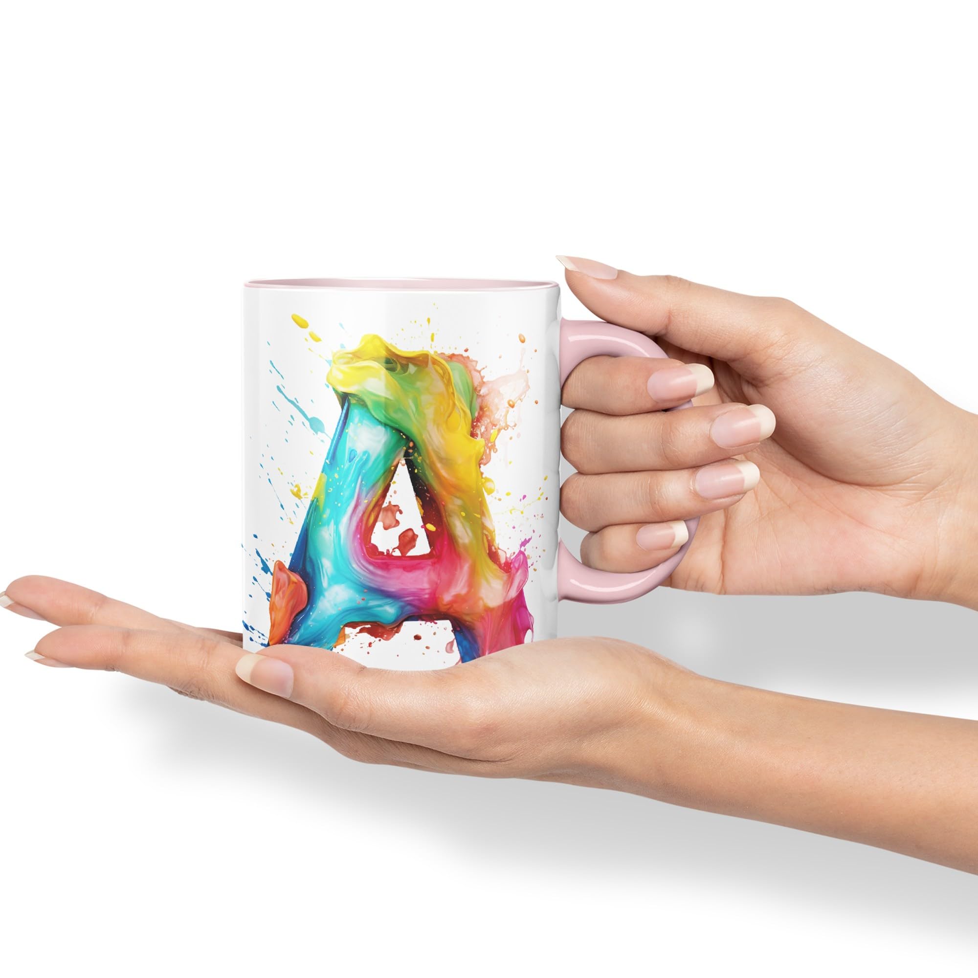 Vixar Letter A Mug, Alphabet Letter A Monogram Watercolour Ceramic Coloured Mug Cup for Tea Coffee Hot Brew 330ml 11Oz Gift (Pink) - Image 4