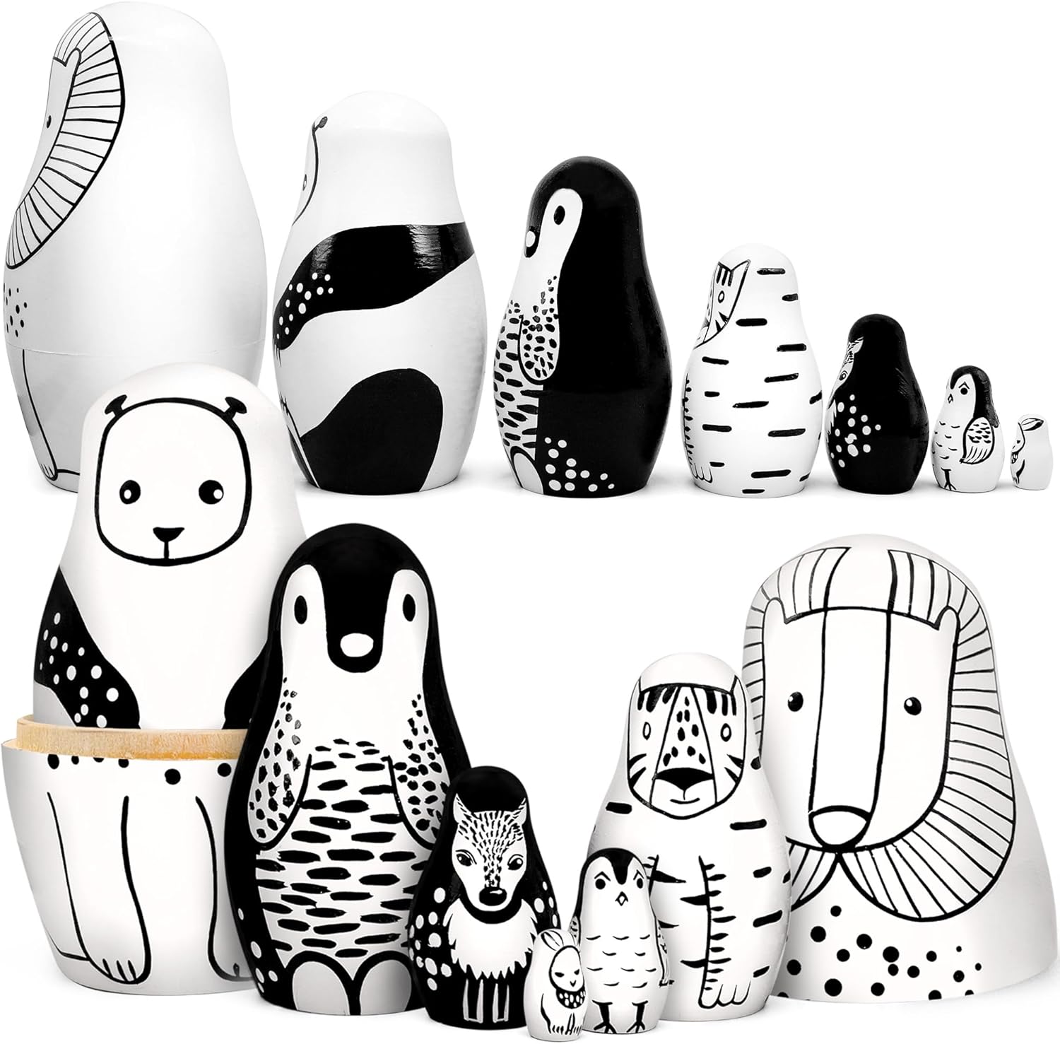 AEVVV Black and White Wooden Animals Nesting Dolls Set of 7 pcs - Matryoshka Doll - Wooden Stacking Animals - Black and White Decor - Russian Nesting Dolls