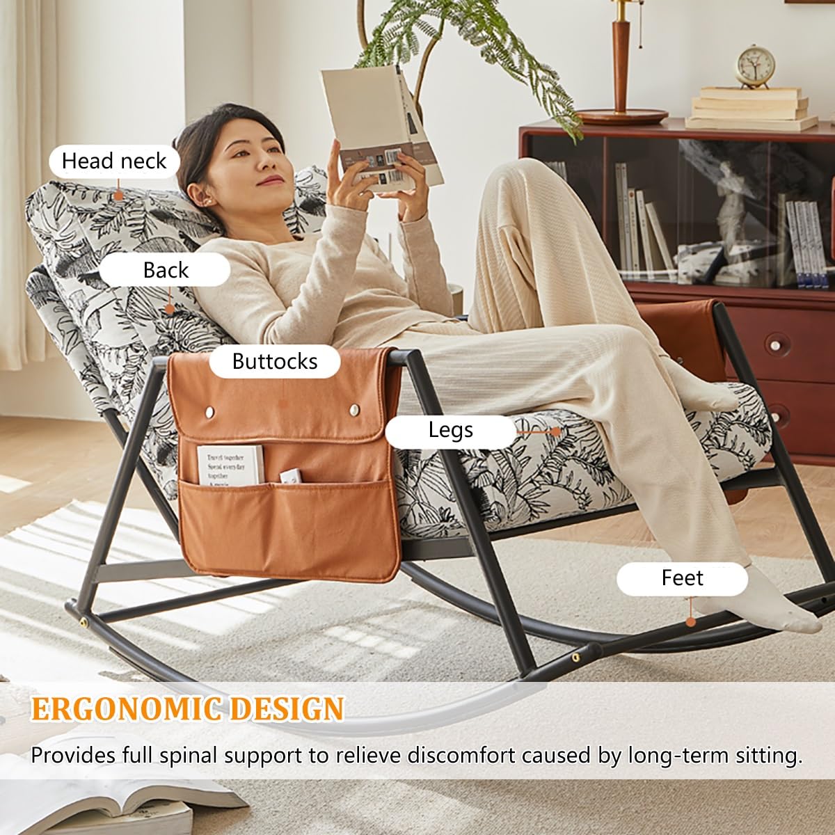 Kaverno Oversized Rocking Chair with Cushion, Nursery Rocking Chairs with Foot Rest, Rocker Recliner Chair with Armrests and Side Pockets, Foldable, Backrest Adjustable in Three Positions for Bedroom