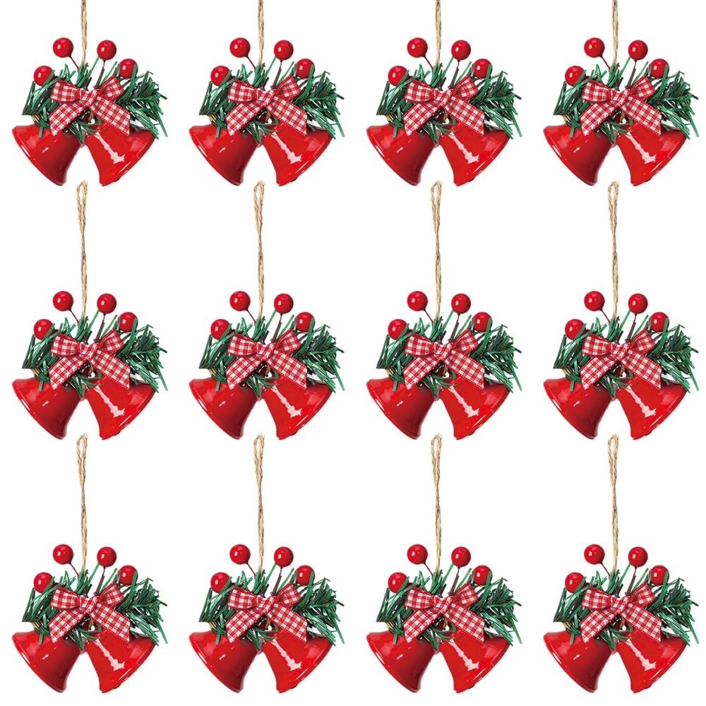 Bdkmms Red Metal Christmas Bells, 12Pcs Double Bell Christmas Ornaments With Berry Bow Vintage Hanging Decor For Tree, Door, Mantel, Nordic Holiday Home Decor