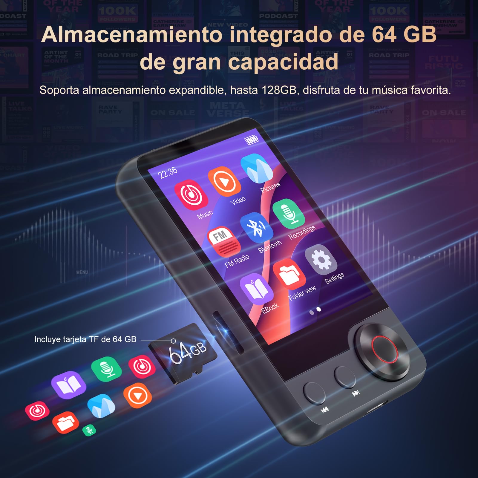 Reproductor MP3 de 128GB con Bluetooth 5.3, Reproductor de Música Portátil con 2,4'' con Altavoz, Reproductor MP3 con Radio FM, Grabación de Voz, Auriculares (Negro)