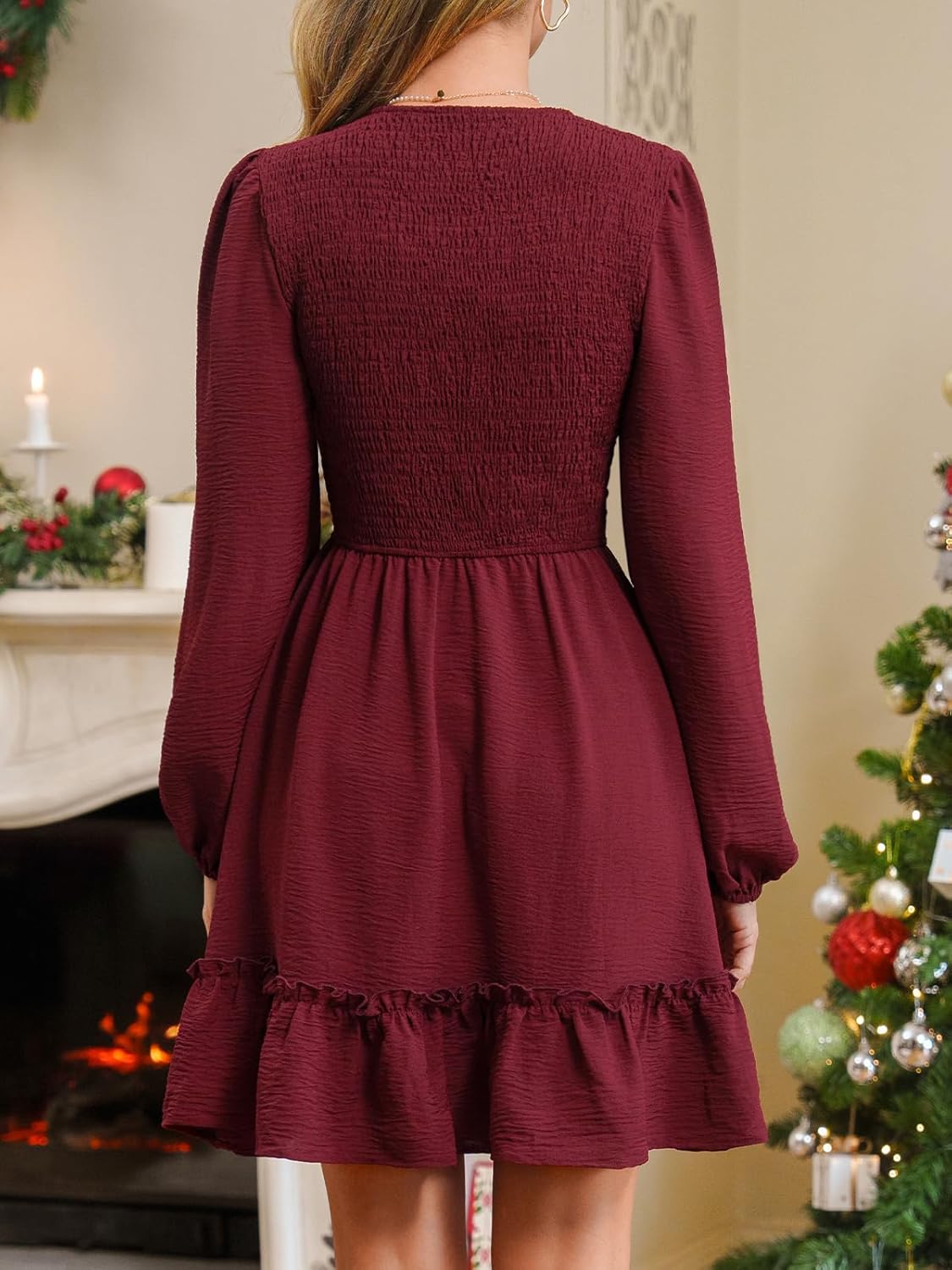 CUPSHE Fall Dresses for Women Casual Long Sleeve Ruffle V Neck Smocked A Line Flowy Mini Dress - Image 2