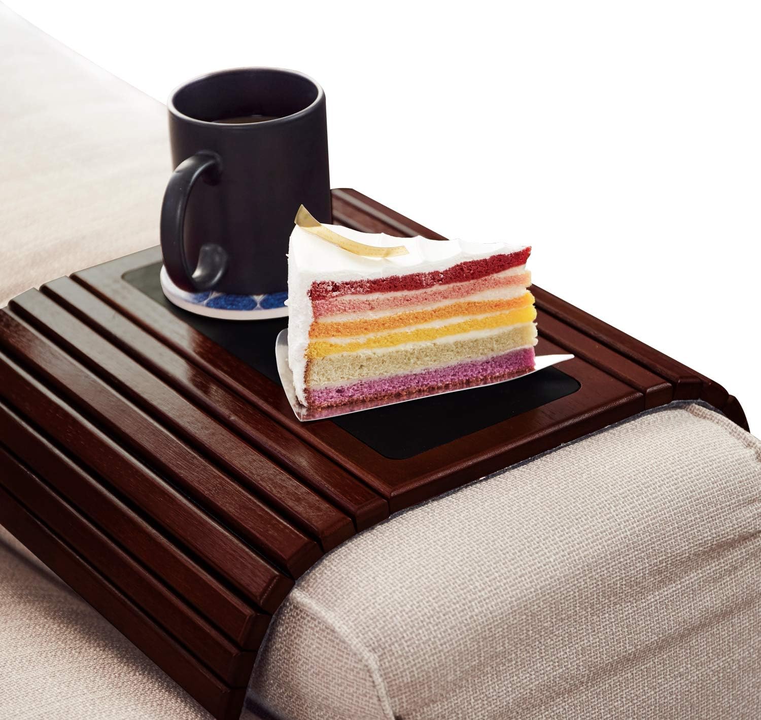 LENUE Bamboo Sofa Arm Tray - Small TV Side Table for Your Couch - Ideal Cup Holder, Drink Coaster and Remote Caddy - Perfect for Birthday, Housewarming & Wedding Gifts