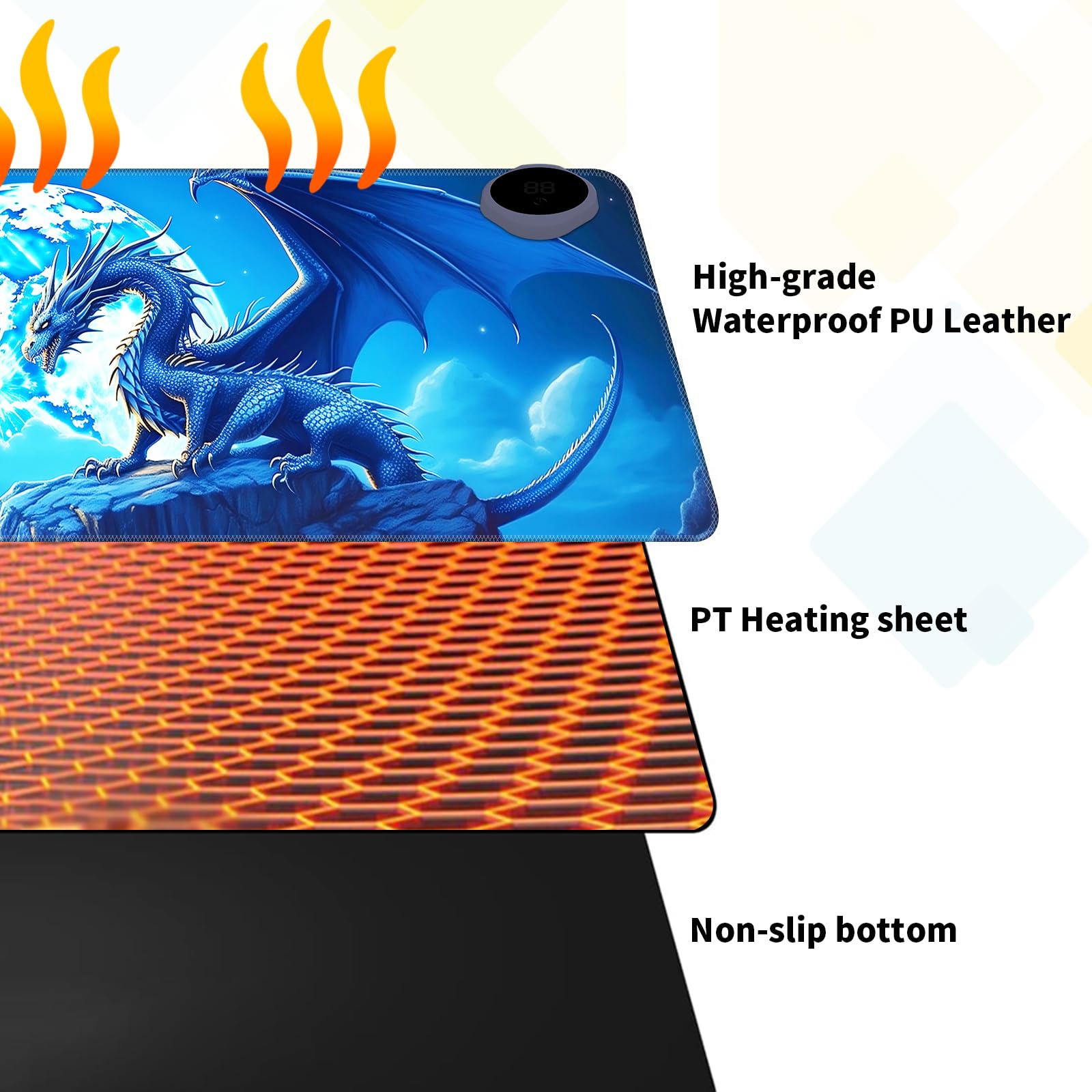 Tapis de souris chaud avec 3 niveaux de chauffage et arrêt automatique en 3 heures - 80 x 33 cm - En cuir synthétique - Pour la maison et le bureau - Dragon