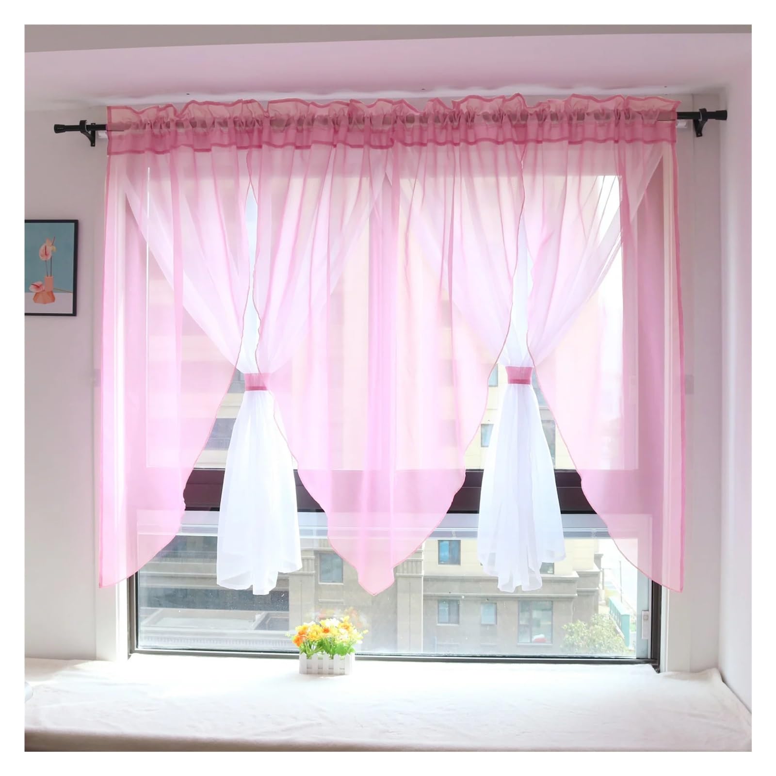 MKYYIOED Short Curtains Solid Voile Veil Livingroom Balcony Bedroom Curtain Sheer Short Kitchen Window Treatments(Pink,ROD-POCKET_W350CM X H140CM)