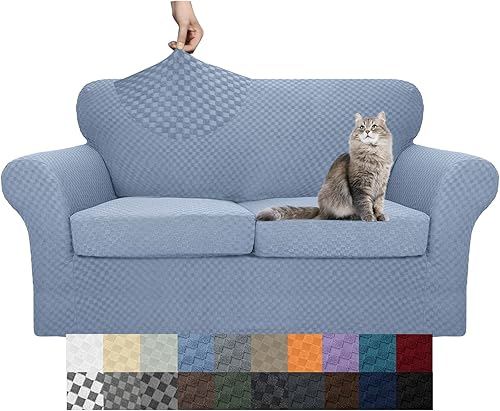 YEMYHOM  Juego de 3 fundas a cuadros para sofá de 2 cojines, biplaza, gruesas y elásticas, protegen de perros y mascotas (azul claro), de 55 a 69