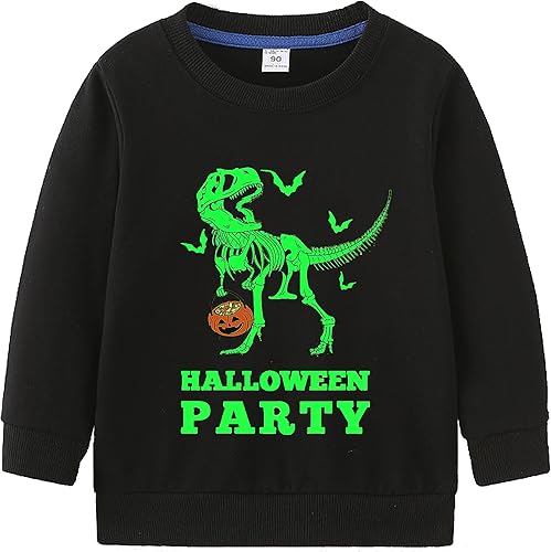 Miniatura 2 de TBBCWWQY Sudadera de Halloween para niños, camisa de dinosaurio que brilla en la oscuridad, para niñas, calabaza, murciélago, manga larga, algodón