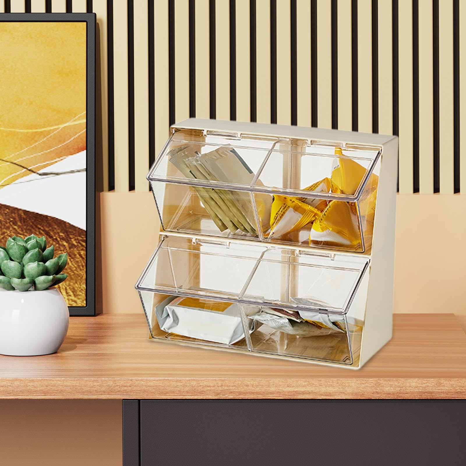 Caja Organizadora de Té Soporte para Café Condimentos Azúcar Y Sobres de Especias con Divisiones PP Resistente Adecuada para Cocina Dormitorio Baño de, Blanco, Individual