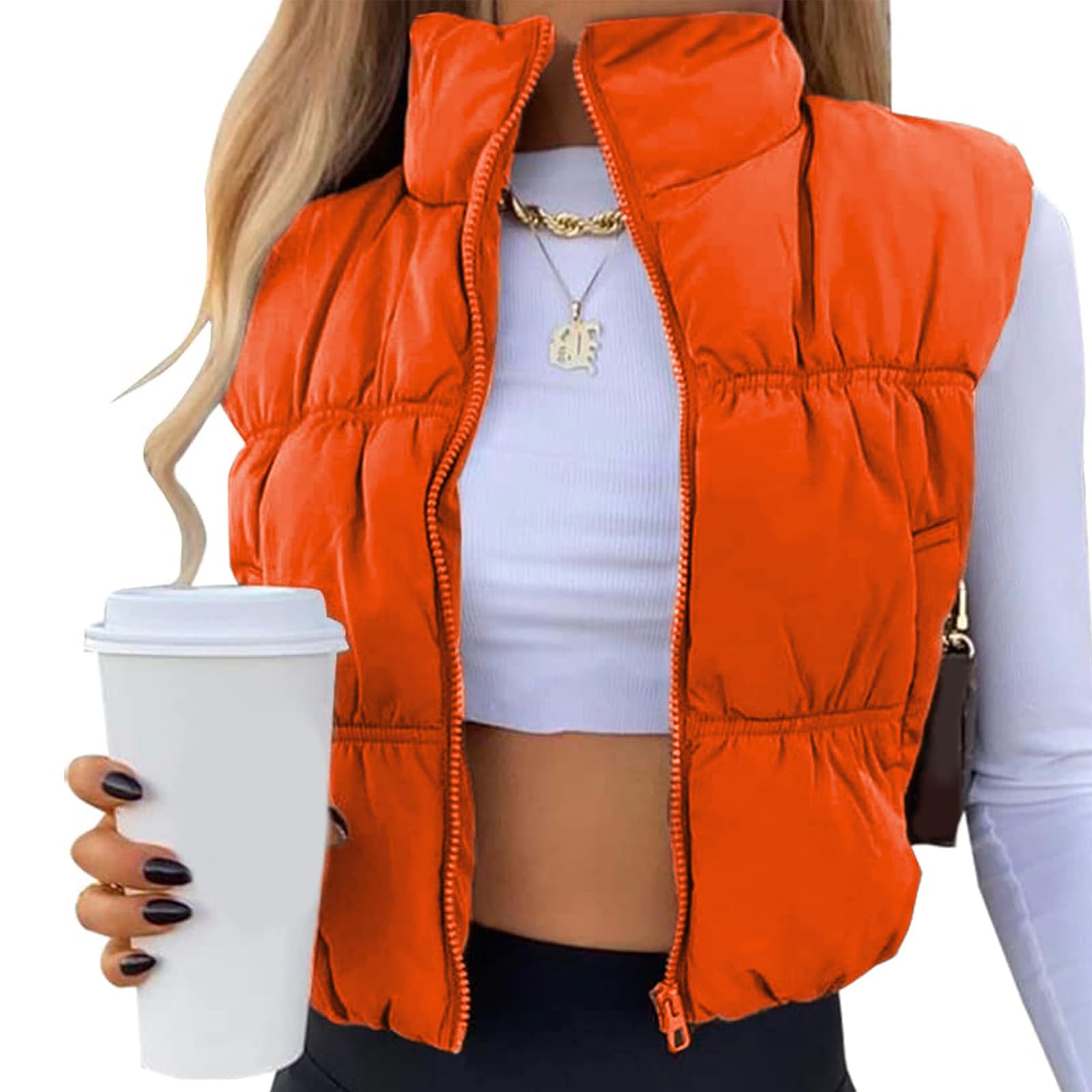 Chaleco acolchado corto para mujer y niña, casual, con cremallera, sin mangas, abrigo cálido de invierno, naranja (Orange New), S