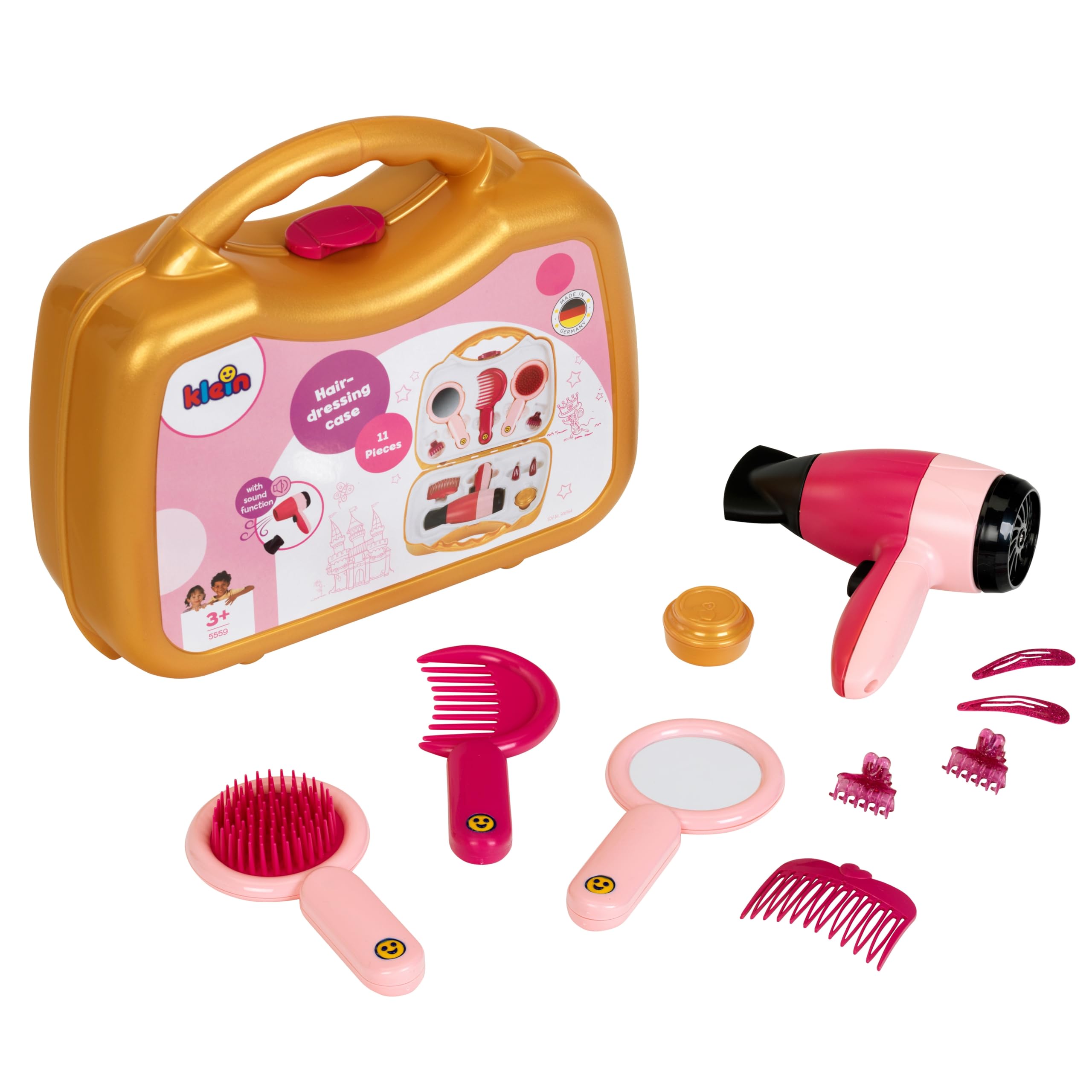 Theo Klein 5559 hairdressing case I Robust case with electric hairdryer I Including mirror, brush and styling tools I Toy for children aged 3 and over