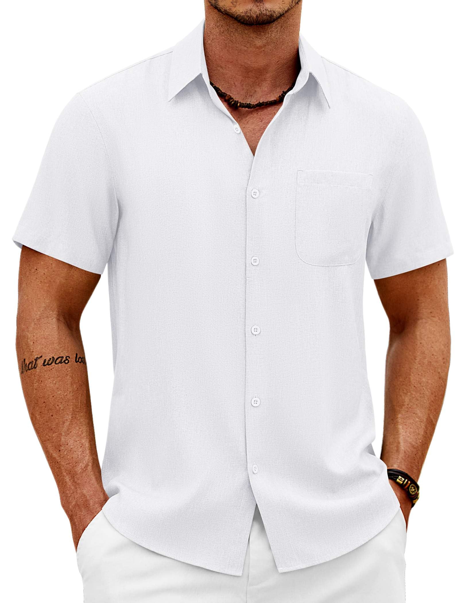 COOFANDY Mens Button Down Shirt Short Sleeve Casual Shirts Summer Beach Wedding Linen Shirt with Pocket