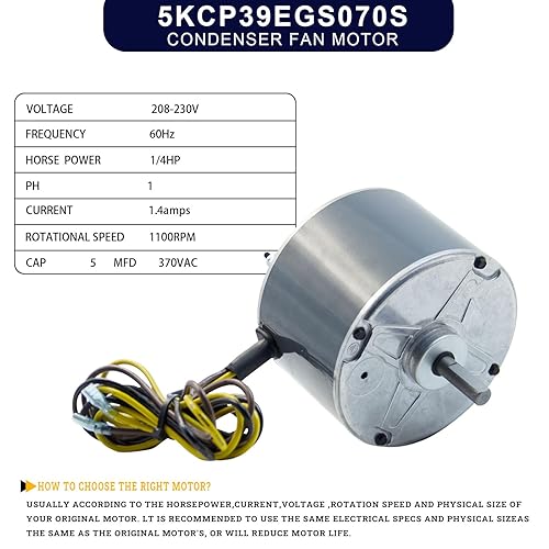 Miniatura 2 de Motor de ventilador de condensador 5KCP39EGS070S de 14 HP, 1100 RPM, 48 marcos, 208-230V repuesto compatible con GE3905, 5KCP39EGY823S, HC39GE237 y