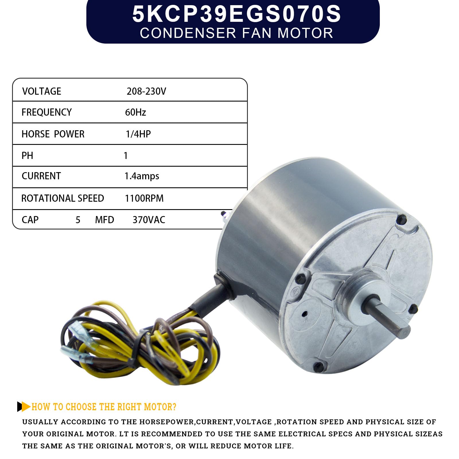 SEAHEE 5KCP39EGS070S 1/4 HP Condenser Fan Motor,1100 RPM, 48 Frame, 208-230V Replacement Compatible with GE3905, 5KCP39EGY823S, HC39GE237, and 6DLL0,by AC Parts