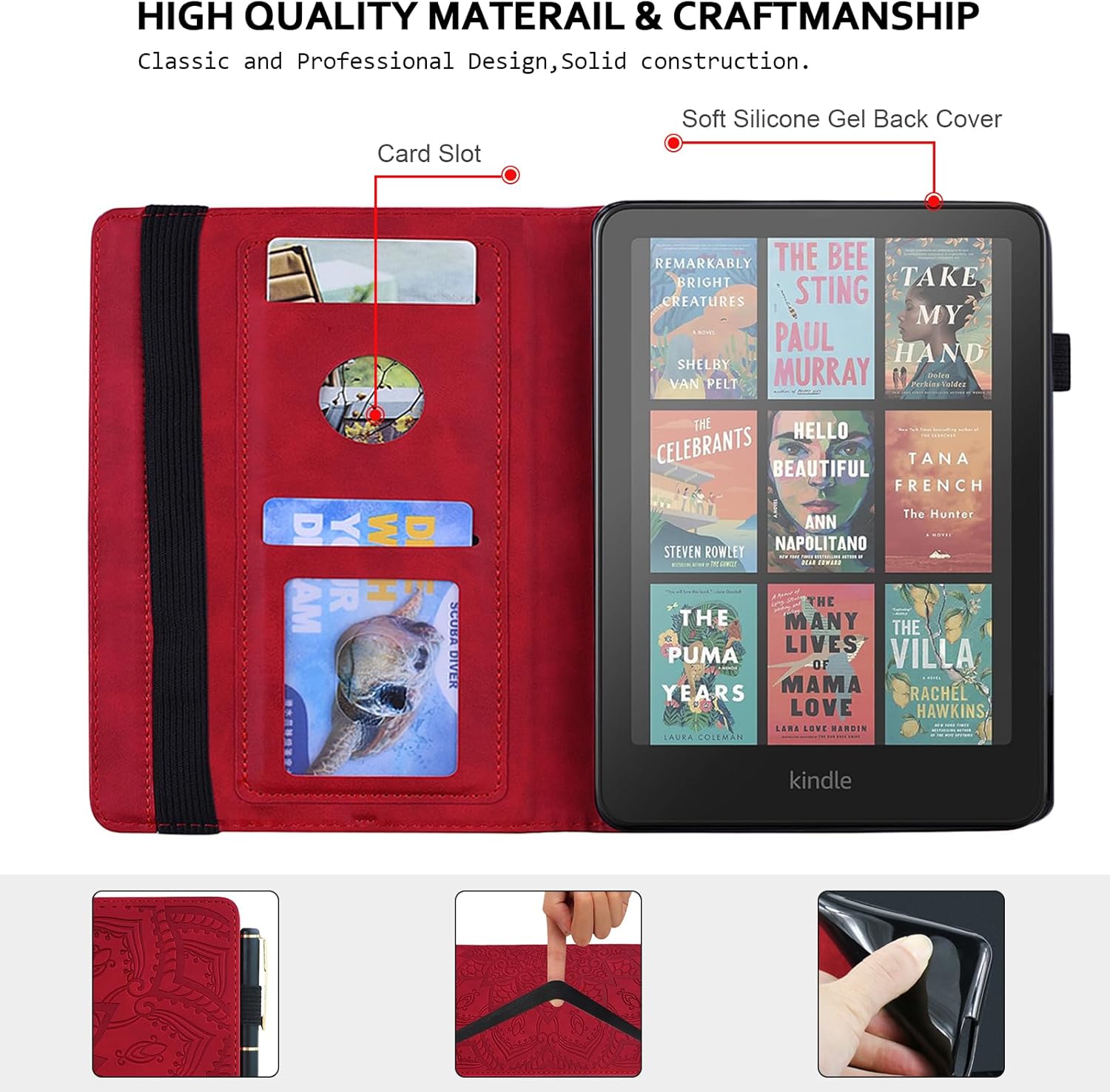 Folio Case for Kindle Paperwhite 12th Gen 2024 & Kindle Colorsoft Signature Edition (7"), Techcircle Mandala Embossed PU Leather Soft TPU Cover Slim Elastic Band Protective Case w/Card Slots, Red