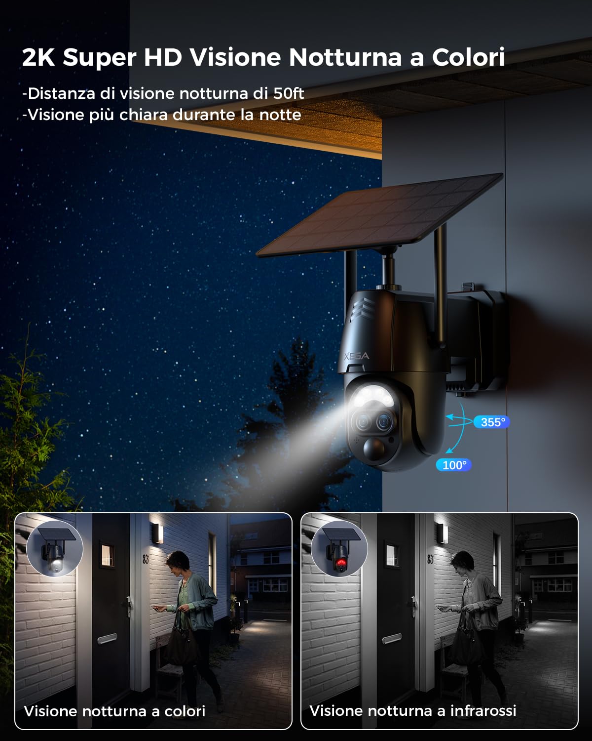 Xega 2K Telecamera Wi-Fi Esterno Solare【12X Zoom Ibrido】 Doppia Lente PTZ Videocamera Sorveglianza con AI Rilevamento Umano, Visione Notturna Colori, Audio Bidirezionale, 2.4GHz, IP66 | PTZ Videocamera Sorveglianza con AI Rilevamento Umano, Visione Nottur