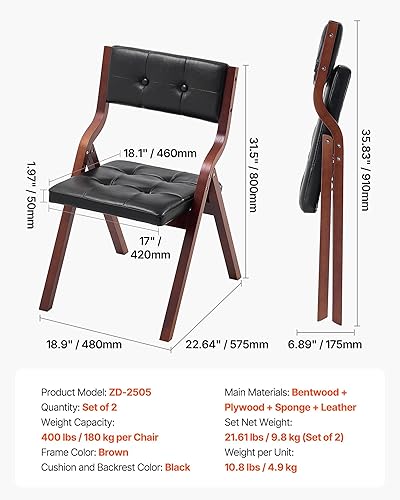 Miniatura 7 de VEVOR Sillas plegables de madera con cojín de cuero, juego de 2, sillas de cojín plegables portátiles con marco de madera, fácil montaje, silla de