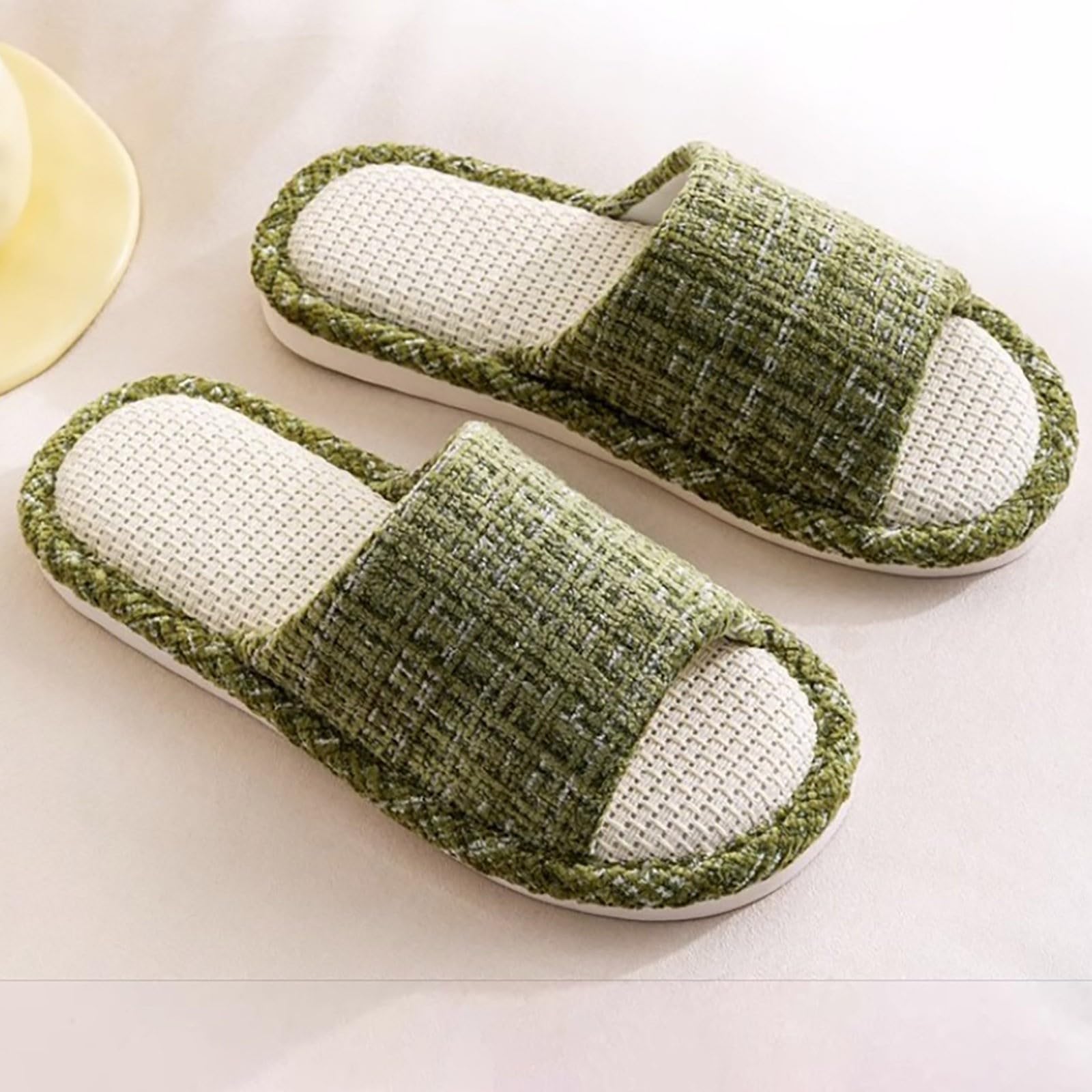 Pantuflas de verano para mujer, pantuflas de lino, pantuflas de algodón, pantuflas peep toe para el hogar, antideslizantes, pantuflas de fieltro, pantuflas para invitados