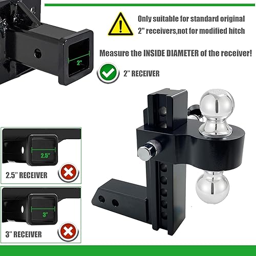 Miniatura 5 de Enganche de remolque ajustable, dos bolas (2 pulgadas, 2-516 pulgadas), se adapta solo al receptor de 2 pulgadas, enganche de caída de 8 pulgadas,