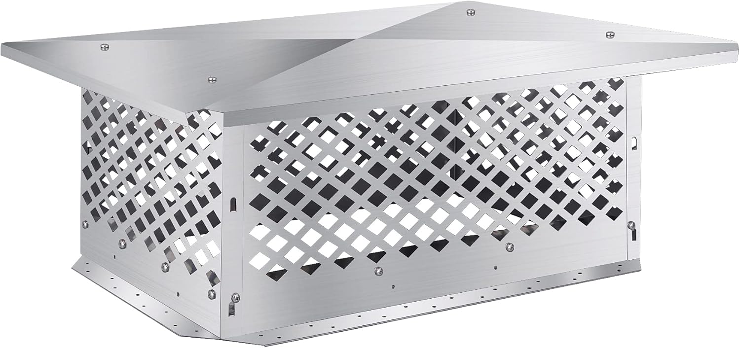 Chimney Cap, Chimney Cover, Bottom Installation Method Adjustable to Fit Outside Existing Clay Flue Tile Dimensions All Stainless Steel Structure, with Meshes, Bolts, Screws (14" x 26")
