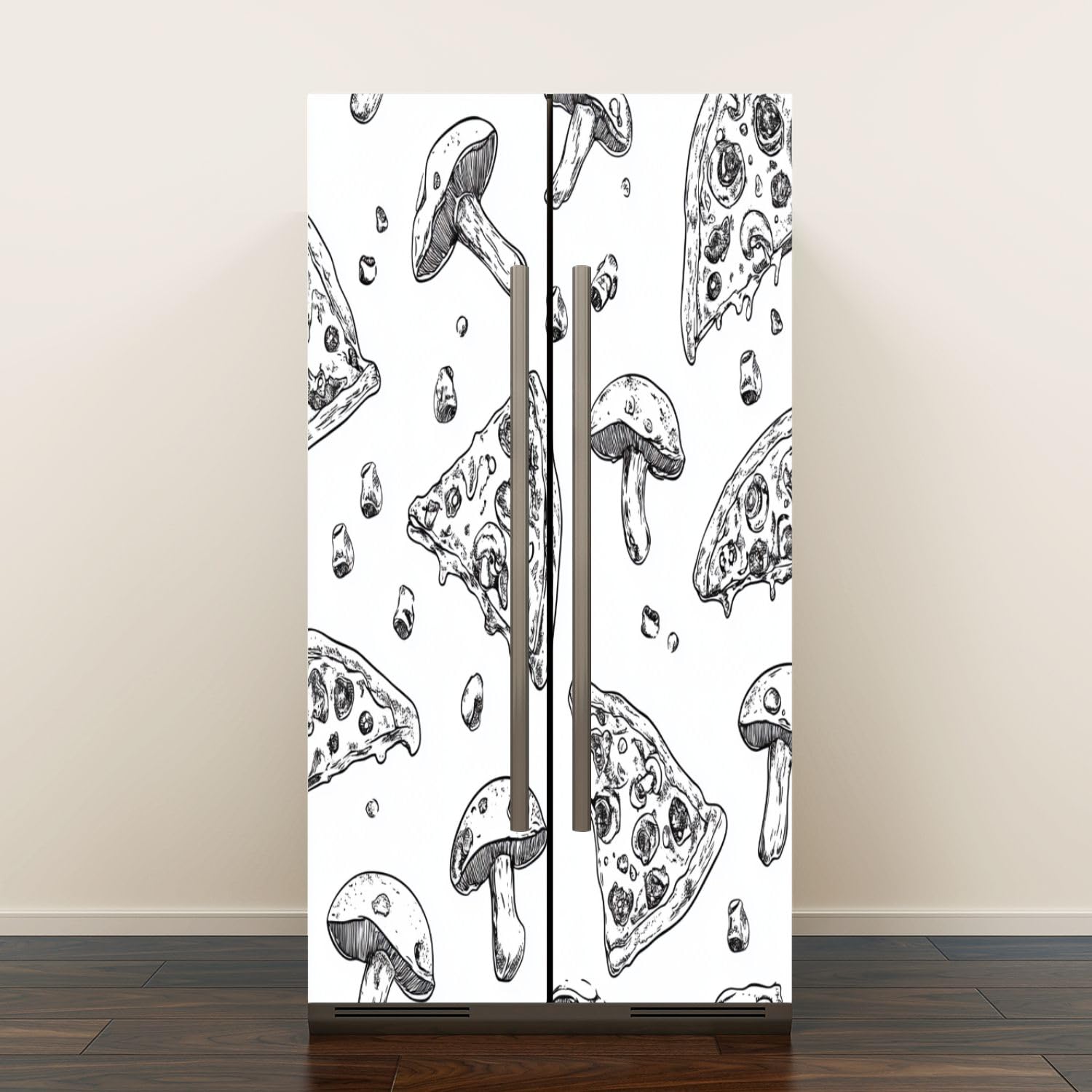 Self Adhesive Vinyl Refrigerator Wrap Set Seamless Pizza Slice Pattern Hand Drawn Pizza Great for menu Door Mural Removable Fridge Sticker Peel and Stick Decal Rustic Kitchen Decor