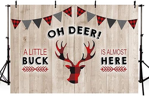 MEHOFOTO - Fondo de fotografía para baby shower de bebé de 7 x 5 pies, decoración de fiesta de madera rústica Oh Deer Baby Shower Invierno negro y