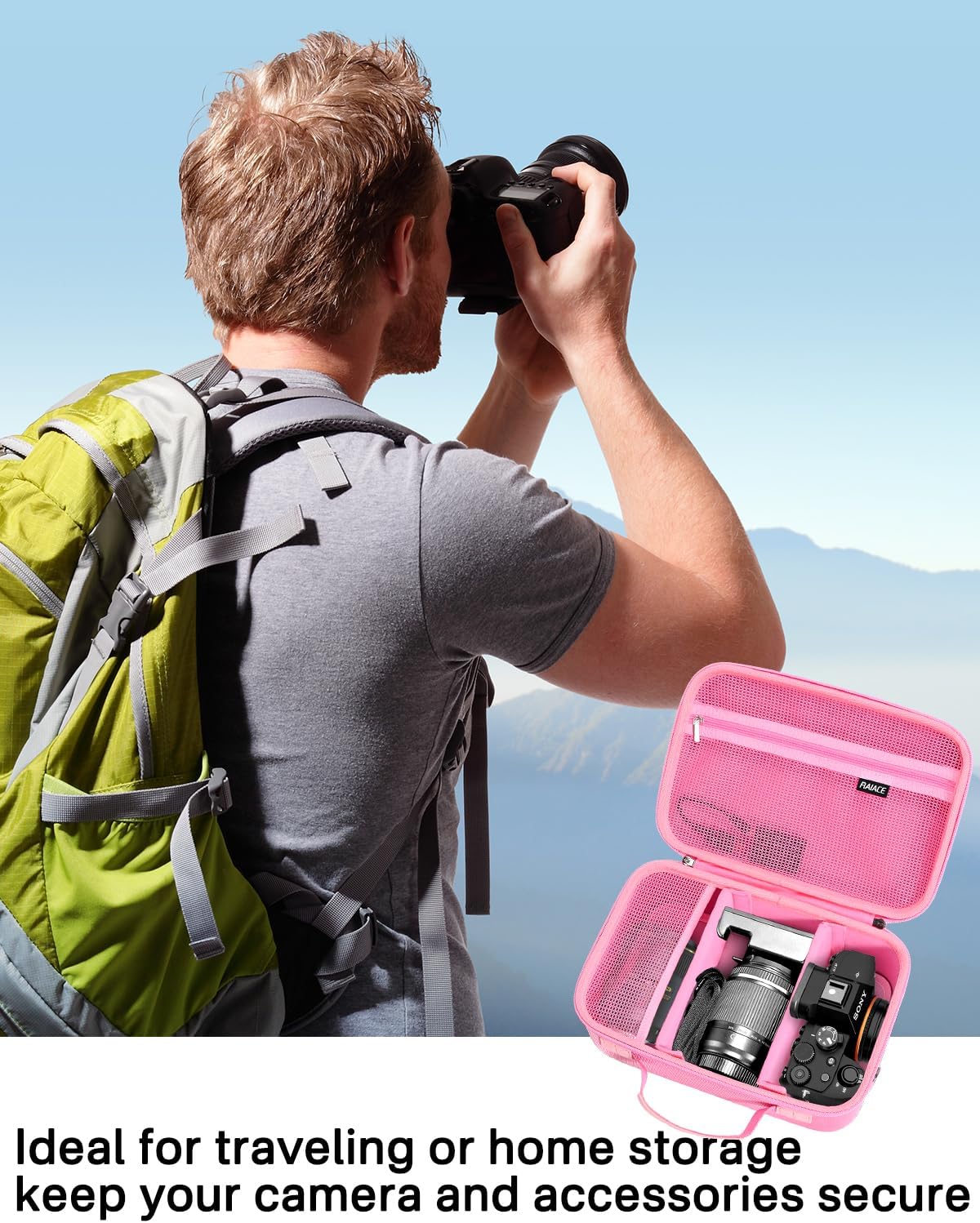 RAIACE Hard Case Compatible with Sony Alpha 7 II III IV/7R V Camera, for Nikon, for Canon, for Pentax and More. Large Capacity With Mesh Pocket for Lens, Charger, Cables, Cards and Accessories.-Pink - Image 7