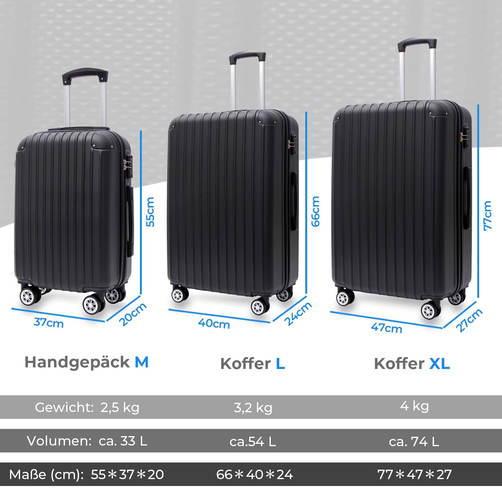 FOMAX Hartschalenkoffer 3tlg. Koffer Set Trolley Reisekoffer 3 Teilig | Gepäck Rollkoffer TSA Schloss 4 Rollen, ABS Carry on Luggage Teleskopgriff (Schwarz, M-L-XL)