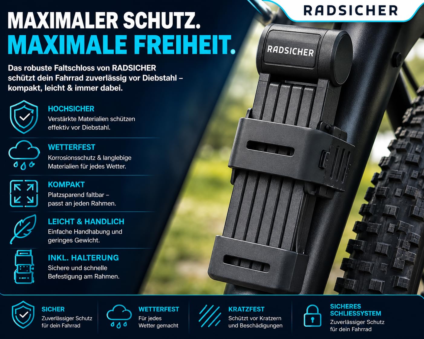 RADSICHER Antivol pliable - Antivol de vélo robuste en acier - Avec support et 2 clés - Antivol pliable sécurisé pour vélo électrique, VTT et vélo de ville