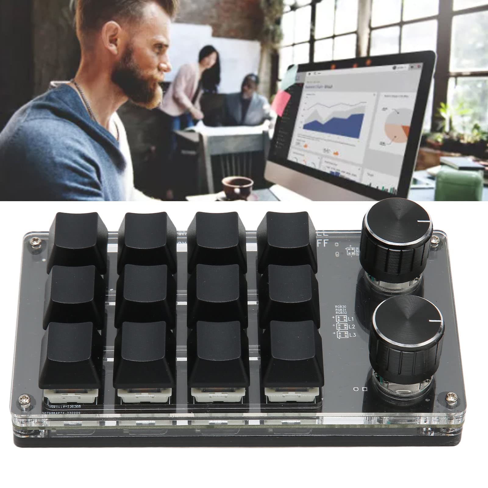 Aramox Teclado Programable Mini, 12 Teclas 2 Perillas Interruptor Azul